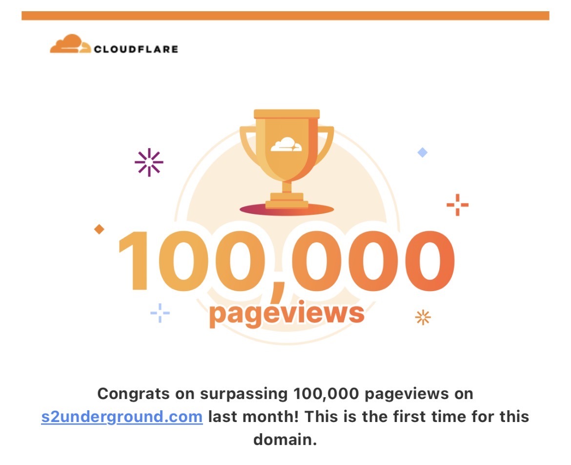 Cloudflare Analytics milestone: s2underground.com reached 100,000 page views